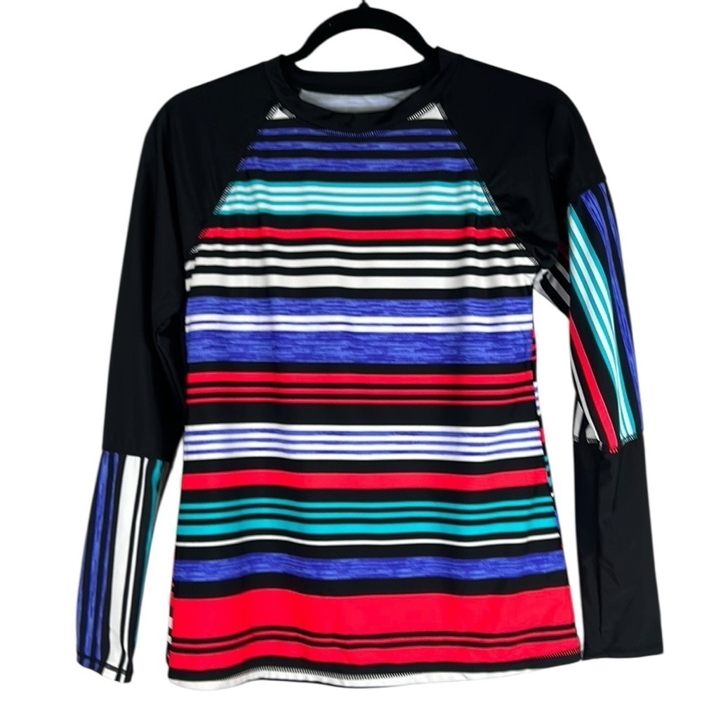 Summer Striped Long Sleeve Travel Vacation Light Padding Swim Top Size Large